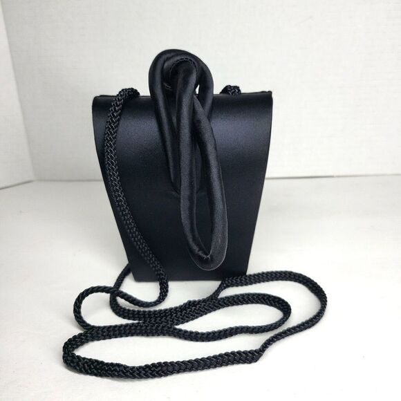 LA Regale Ltd Black Satin Evening Bag Twisted Knot & Loop Closure Braided Strap - Picture 1 of 12